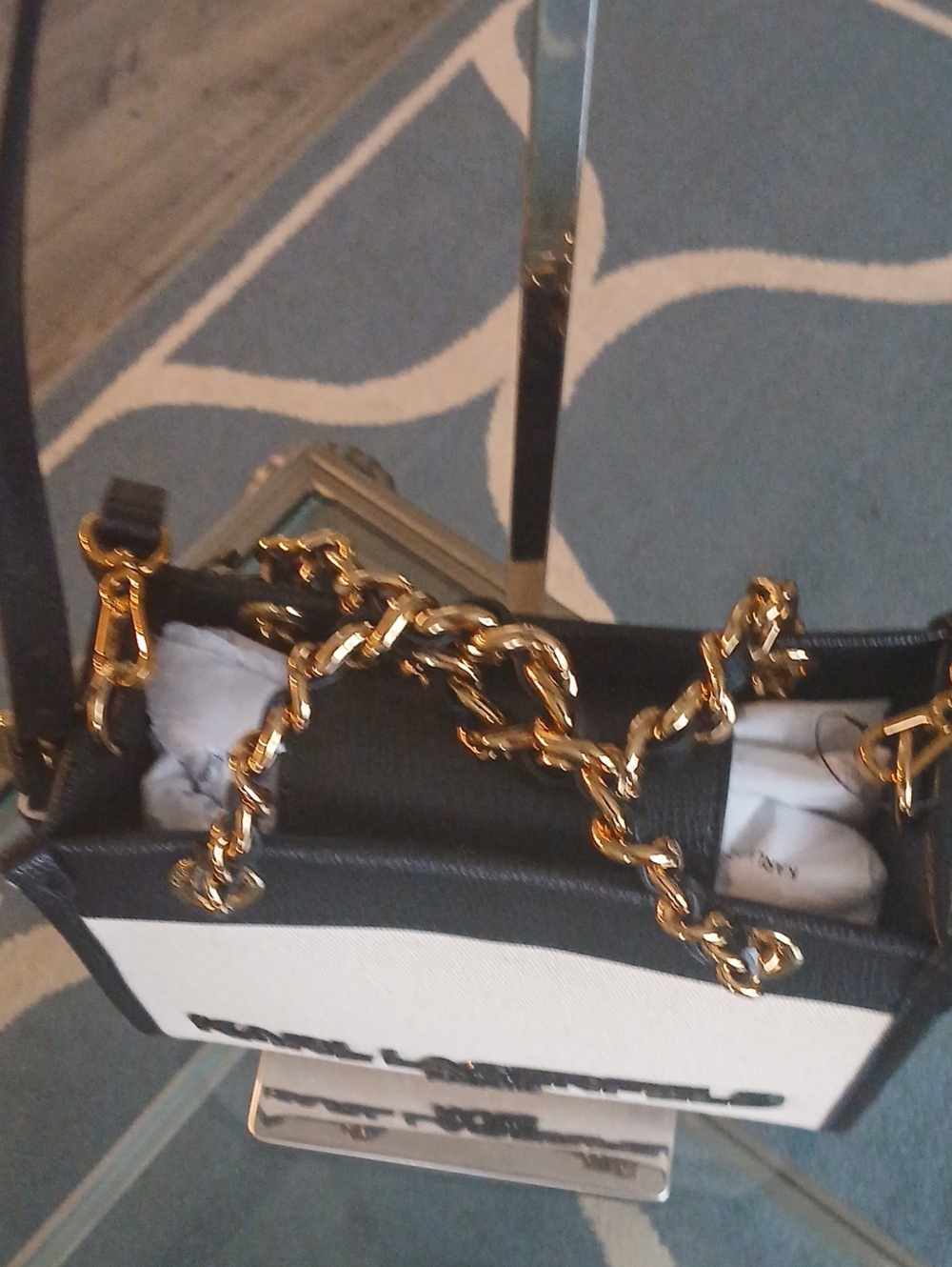 Karl Lagerfeld Black & Cream Canvas Satchel with Gold Chain Handles - Picture 3 of 6